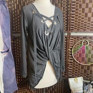 Sexy grey lace up twist cross over hi low long sleeve top size large